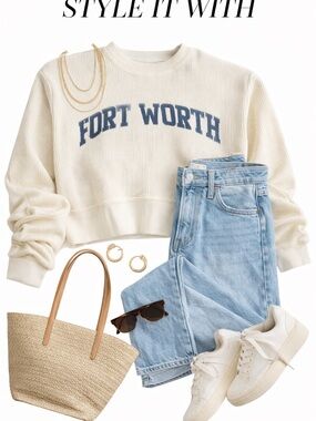 Women's Cream Waffle-Knit Crewneck Sweatshirt with Navy 'Fort Worth' Print